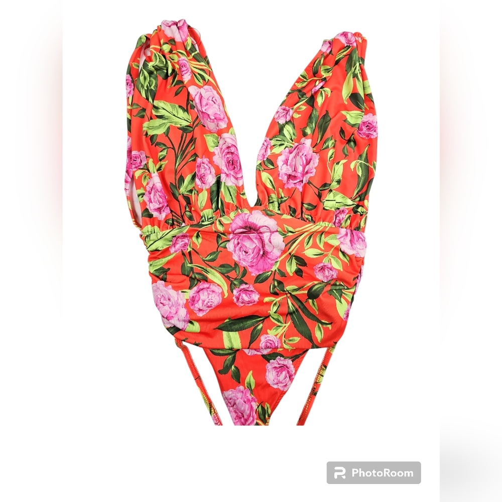 🌞Zara Drape Deep-neck Ruched Floral Bodysuit Top Floral Sleeveless NWOT - Picture 14 of 16